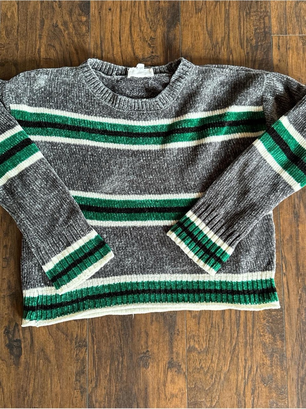 Gray Sweater with Green & White Stripes